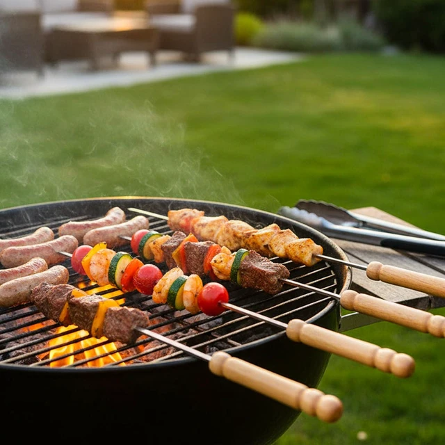 Alt view image 6 of 7 - 12 PCS Skewers for Grilling, Kabob Skewers with Wood Handle, Reusable BBQ Barbecue Sticks for Marshmallow, Hot Dog, Meat, Vegetable, Camping Cookware Grill Cooking, 11.7" (Including Handle)