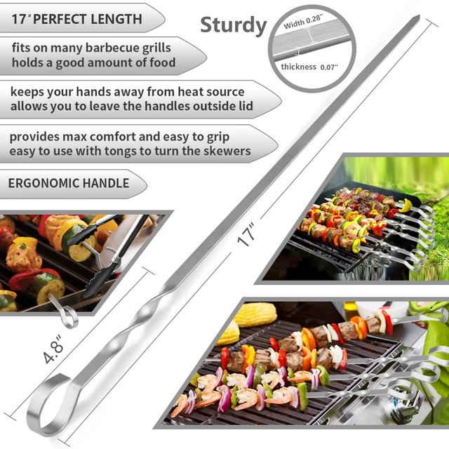 Alt view image 2 of 6 - Skewers - 17" Kabob Skewers for Grilling, Metal Sticks for Kabobs Stainless Steel Flat Long Shish Kebab Reusable Grill BBQ Barbecue Sticks for Meat Chicken Vegetable, 12 Pack Bonus 14 Inch
