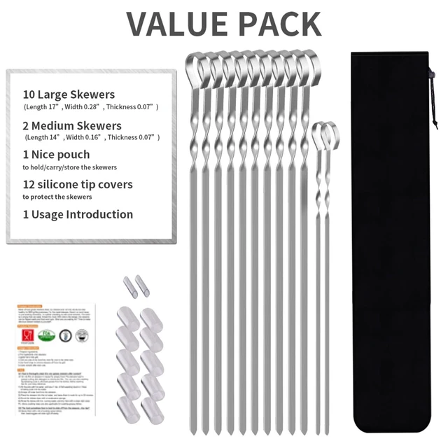 Alt view image 6 of 6 - Skewers - 17" Kabob Skewers for Grilling, Metal Sticks for Kabobs Stainless Steel Flat Long Shish Kebab Reusable Grill BBQ Barbecue Sticks for Meat Chicken Vegetable, 12 Pack Bonus 14 Inch