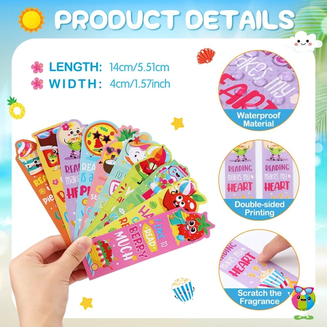 Alt view image 2 of 6 - 90 Pcs Summer Scratch and Sniff Scented Bookmark Fruit Food Theme | Fruit Theme Sayings Bookmarks Sayings Assorted Cute Scented Gifts for Learning Reading Rewards Food Read Lovers, 10 Styles