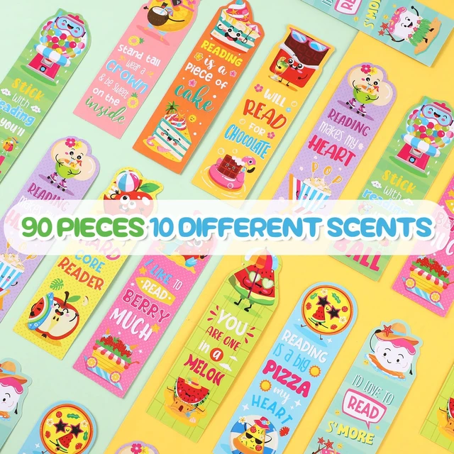 Alt view image 3 of 6 - 90 Pcs Summer Scratch and Sniff Scented Bookmark Fruit Food Theme | Fruit Theme Sayings Bookmarks Sayings Assorted Cute Scented Gifts for Learning Reading Rewards Food Read Lovers, 10 Styles