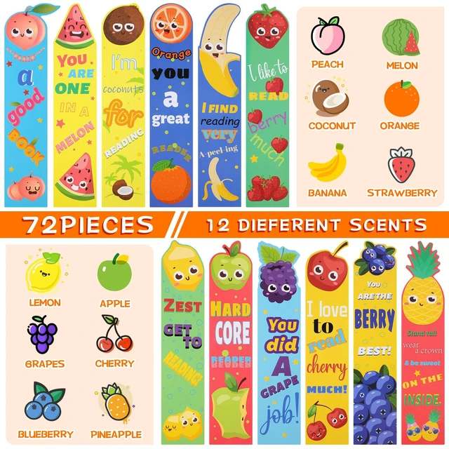 Alt view image 2 of 6 - 72 Pcs Scented Bookmarks for Kids Scratch Sniff Bookmarks Bulk | Summer Fruit Smelly Bookmark for Classroom Back to School Reading Prizes Cute Students Rewards 12 Styles