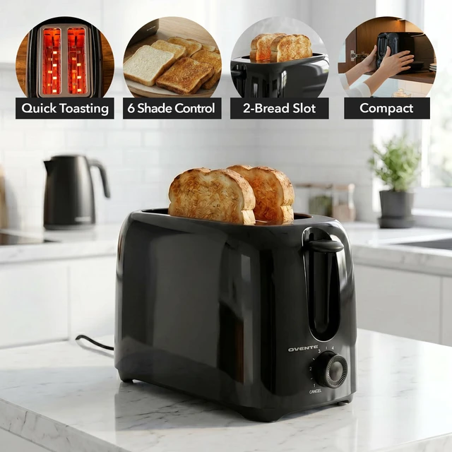 Alt view image 2 of 7 - Electric 2 Slice Toaster Machine 6-Shade Setting, Black TP2210B | Compact Design and Removable Crumb Tray, 700W Power Perfect for Toasting Bread, Thin Bagels and Waffles