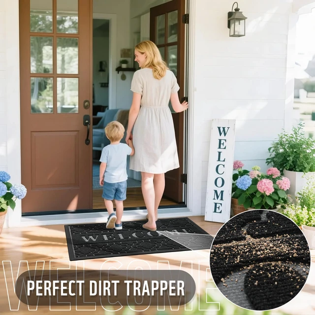 Alt view image 4 of 7 - Welcome Door Mat, 29.5 x 17 in, Black | Raised Embossed Welcome Design,Traps Dirt & Moisture,Non-Slip Rubber Backing,Low Profile for Front Doors,Indoor Outdoor Use