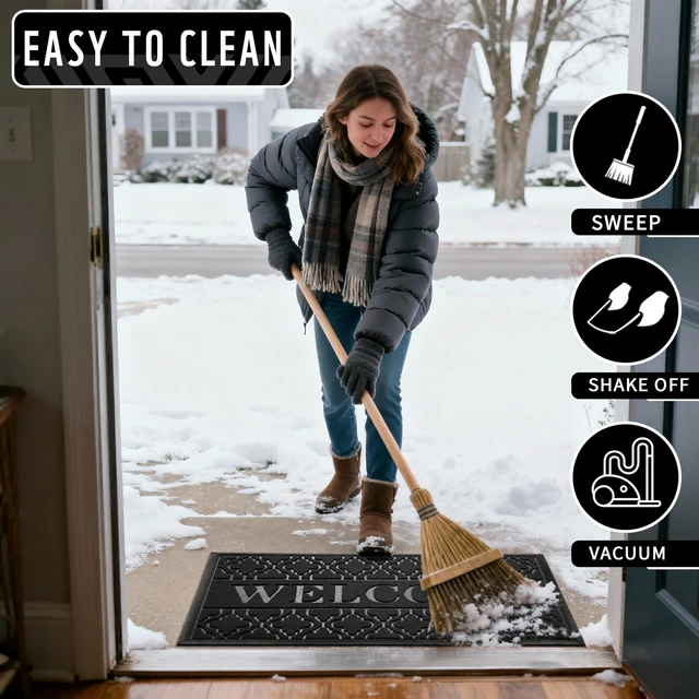 Alt view image 7 of 7 - Welcome Door Mat, 29.5 x 17 in, Black | Raised Embossed Welcome Design,Traps Dirt & Moisture,Non-Slip Rubber Backing,Low Profile for Front Doors,Indoor Outdoor Use