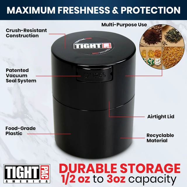 Alt view image 5 of 7 - 1/2 to 3 Ounces Airtight Herb Storage Container - Patented Vacuum Seal, Storage for Herbs, Coffee, Tea, Spices, Dry Goods - Small Odor Resistant Container, Black