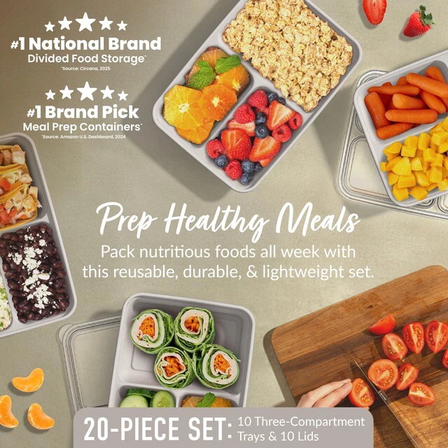 Alt view image 2 of 7 - Prep 3-Compartment Meal Prep Containers with Lids, 20 Piece Set | 4-Cup Capacity, Portion Control, Stackable, Microwave, Freezer & Dishwasher-Safe, PFAS & BPA-Free (Stone Gray)