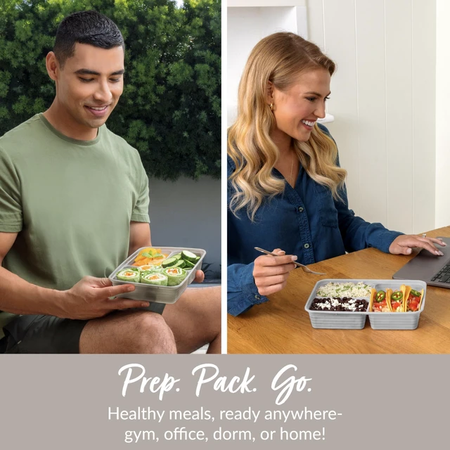 Alt view image 3 of 7 - Prep 3-Compartment Meal Prep Containers with Lids, 20 Piece Set | 4-Cup Capacity, Portion Control, Stackable, Microwave, Freezer & Dishwasher-Safe, PFAS & BPA-Free (Stone Gray)