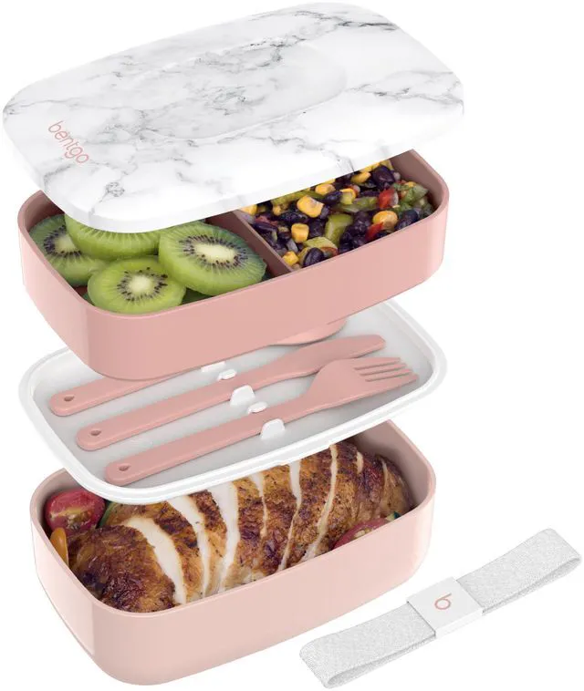 Main image of Classic Stackable 3-Compartment Adult Bento-Style Lunch Box | Removable Utensil Set and Sealing Strap, BPA-Free, Food Container Ideal for Meal Prep, Work, and On the Go (Blush Marble)