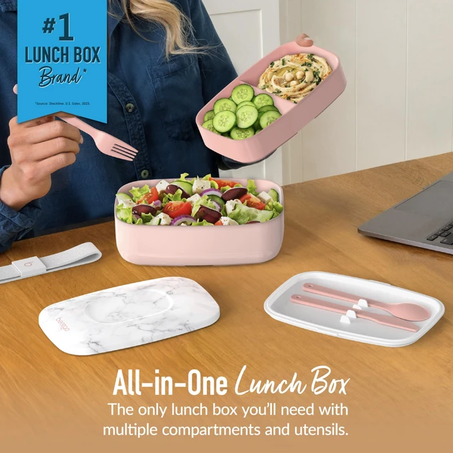 Alt view image 2 of 7 - Classic Stackable 3-Compartment Adult Bento-Style Lunch Box | Removable Utensil Set and Sealing Strap, BPA-Free, Food Container Ideal for Meal Prep, Work, and On the Go (Blush Marble)
