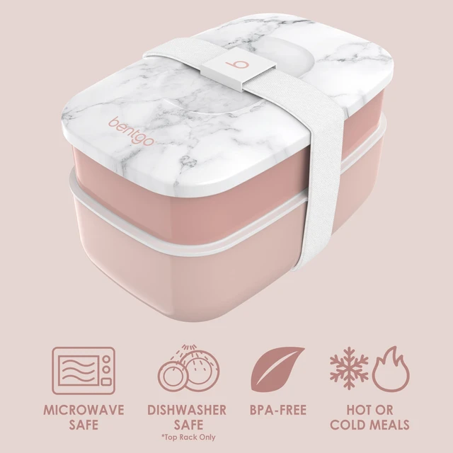 Alt view image 3 of 7 - Classic Stackable 3-Compartment Adult Bento-Style Lunch Box | Removable Utensil Set and Sealing Strap, BPA-Free, Food Container Ideal for Meal Prep, Work, and On the Go (Blush Marble)