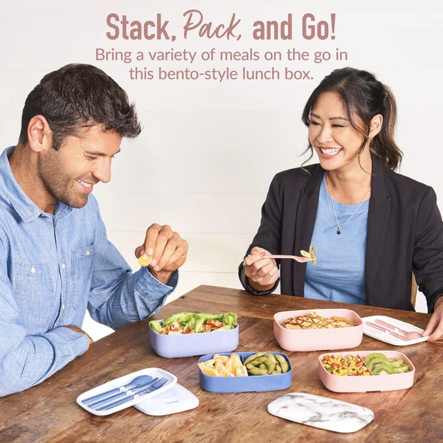 Alt view image 5 of 7 - Classic Stackable 3-Compartment Adult Bento-Style Lunch Box | Removable Utensil Set and Sealing Strap, BPA-Free, Food Container Ideal for Meal Prep, Work, and On the Go (Blush Marble)