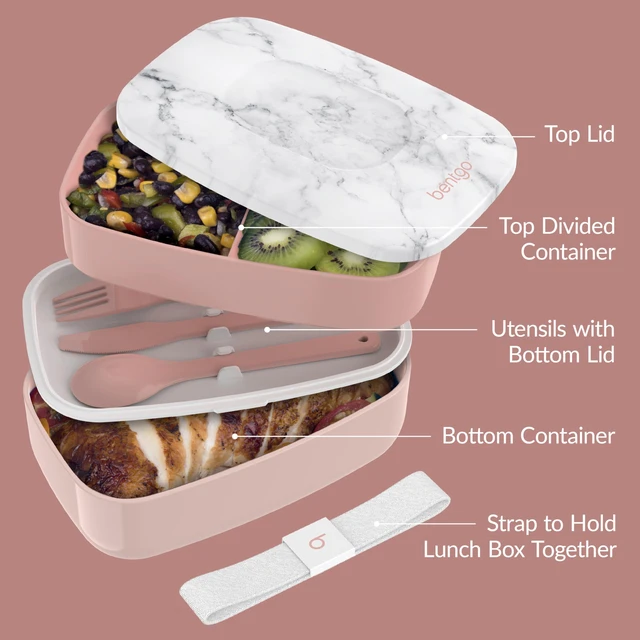 Alt view image 6 of 7 - Classic Stackable 3-Compartment Adult Bento-Style Lunch Box | Removable Utensil Set and Sealing Strap, BPA-Free, Food Container Ideal for Meal Prep, Work, and On the Go (Blush Marble)