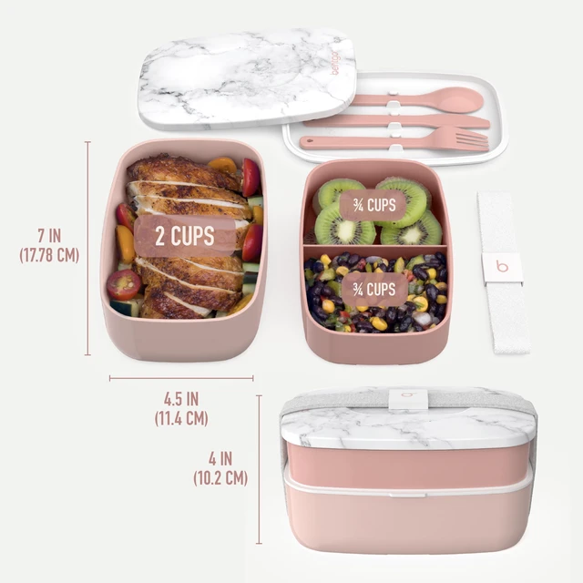 Alt view image 7 of 7 - Classic Stackable 3-Compartment Adult Bento-Style Lunch Box | Removable Utensil Set and Sealing Strap, BPA-Free, Food Container Ideal for Meal Prep, Work, and On the Go (Blush Marble)