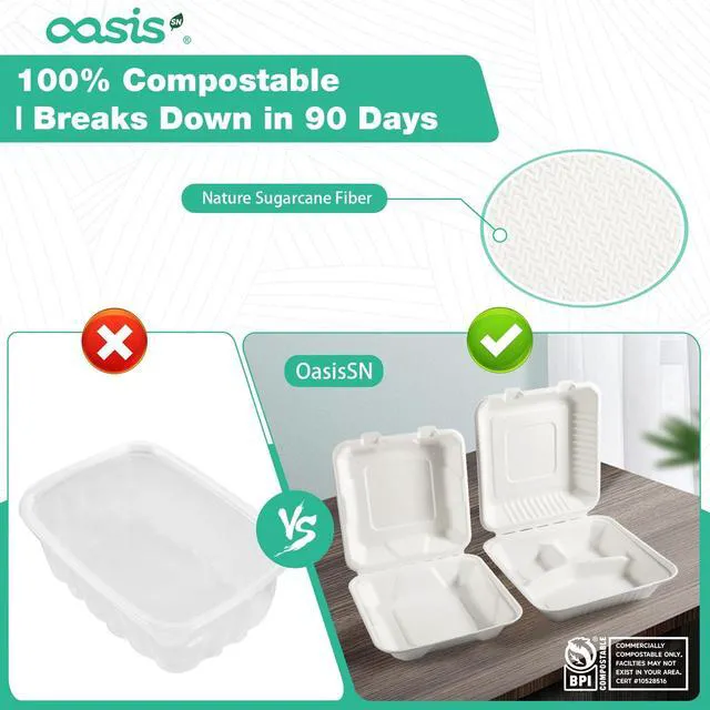Alt view image 4 of 7 - 9x6x3 Inch 68 Pack Clamshell Take Out Food Containers, Compostable Disposable Paper To Go Boxes with Lids, Heavy Duty Sugarcane Bagasse Lunch Boxes for Leftovers, Meal Prep & Takeout, White