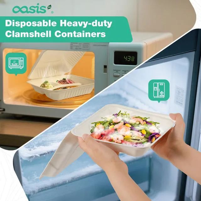 Alt view image 3 of 7 - 9x6x3 Inch 68 Pack Clamshell Take Out Food Containers, Compostable Disposable Paper To Go Boxes with Lids, Heavy Duty Sugarcane Bagasse Lunch Boxes for Leftovers, Meal Prep & Takeout, White