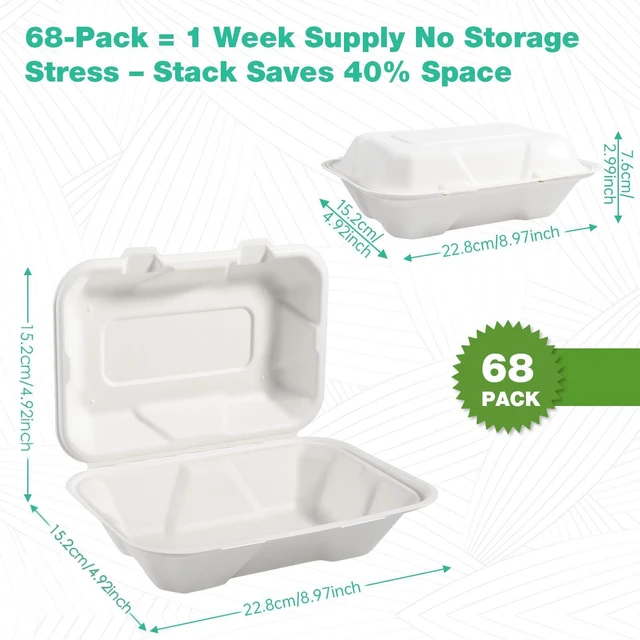Alt view image 5 of 7 - 9x6x3 Inch 68 Pack Clamshell Take Out Food Containers, Compostable Disposable Paper To Go Boxes with Lids, Heavy Duty Sugarcane Bagasse Lunch Boxes for Leftovers, Meal Prep & Takeout, White