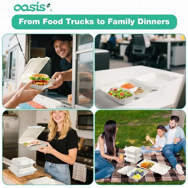 Alt view image 6 of 7 - 9x6x3 Inch 68 Pack Clamshell Take Out Food Containers, Compostable Disposable Paper To Go Boxes with Lids, Heavy Duty Sugarcane Bagasse Lunch Boxes for Leftovers, Meal Prep & Takeout, White