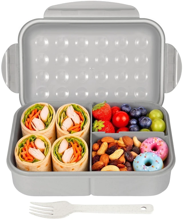 Main image of Bento Lunch Box for Kids & Adults, 46 oz, 3 Compartments, Gray | Wheat Straw, Gray Kids & Adults Bento Lunch Box for School, Office, Travel, Car, Camp, On the Go, Leakproof, Microwave Safe