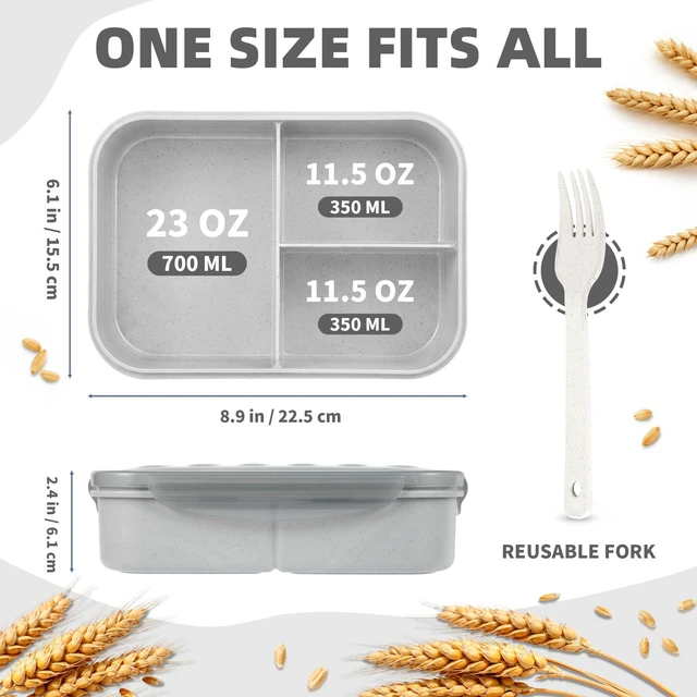 Alt view image 4 of 7 - Bento Lunch Box for Kids & Adults, 46 oz, 3 Compartments, Gray | Wheat Straw, Gray Kids & Adults Bento Lunch Box for School, Office, Travel, Car, Camp, On the Go, Leakproof, Microwave Safe