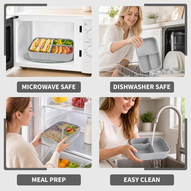 Alt view image 6 of 7 - Bento Lunch Box for Kids & Adults, 46 oz, 3 Compartments, Gray | Wheat Straw, Gray Kids & Adults Bento Lunch Box for School, Office, Travel, Car, Camp, On the Go, Leakproof, Microwave Safe