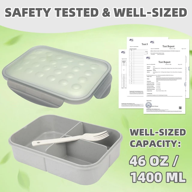 Alt view image 5 of 7 - Bento Lunch Box for Kids & Adults, 46 oz, 3 Compartments, Gray | Wheat Straw, Gray Kids & Adults Bento Lunch Box for School, Office, Travel, Car, Camp, On the Go, Leakproof, Microwave Safe