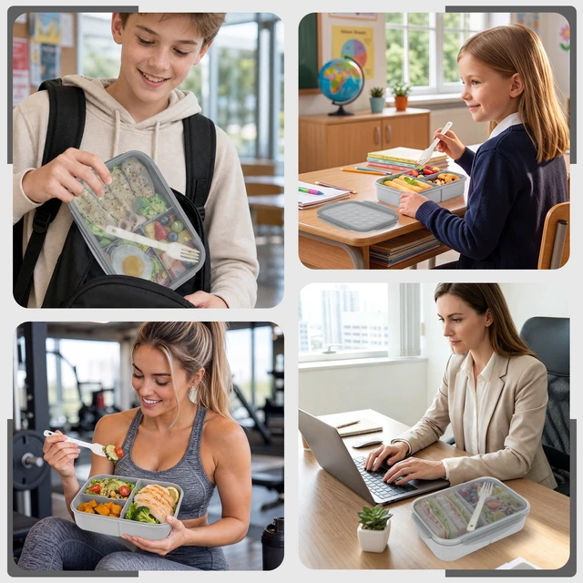 Alt view image 7 of 7 - Bento Lunch Box for Kids & Adults, 46 oz, 3 Compartments, Gray | Wheat Straw, Gray Kids & Adults Bento Lunch Box for School, Office, Travel, Car, Camp, On the Go, Leakproof, Microwave Safe
