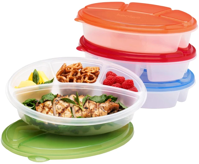 Main image of Easyboxes Stackable 4-Compartment Oval Lunch Boxes, 8-Piece Set | Reusable, BPA-Free, Meal Prep, Patented Design, Microwave, Dishwasher & Freezer-Safe (Classic)