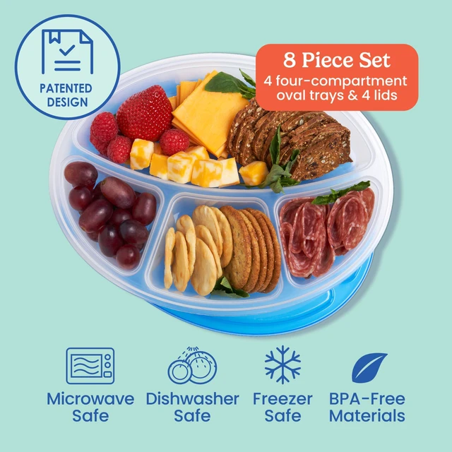 Alt view image 3 of 7 - Easyboxes Stackable 4-Compartment Oval Lunch Boxes, 8-Piece Set | Reusable, BPA-Free, Meal Prep, Patented Design, Microwave, Dishwasher & Freezer-Safe (Classic)