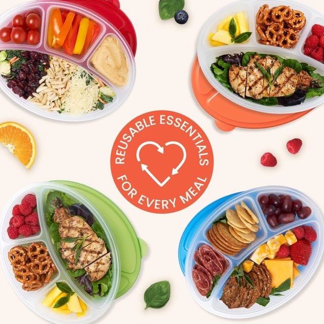 Alt view image 7 of 7 - Easyboxes Stackable 4-Compartment Oval Lunch Boxes, 8-Piece Set | Reusable, BPA-Free, Meal Prep, Patented Design, Microwave, Dishwasher & Freezer-Safe (Classic)