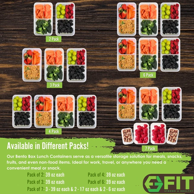 Alt view image 2 of 7 - Bento Box for Kids & Adults Reusable Lunch Containers, 3 Pack, Clear, 39 oz | 3 Compartment Food Storage Meal Prep Containers with Lids, Divided Snack Box, Dishwasher Freezer Microwave Safe, Leakproof