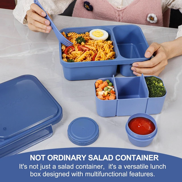 Alt view image 3 of 7 - Extra-Large 62oz Bento Lunch Box for Adults Salad, (Navy & Pink) | 2-Compartment Meal Prep Container, Removable Toppings Tray, Keep Food Fresh, BPA-Free Plastic, Dishwasher & Microwave Safe