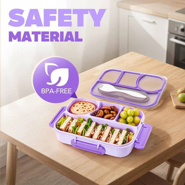 Alt view image 3 of 7 - Bento Box Adult, Lunch Box, 4-Compartment Lunch Containers, Drop-Proof, Dishwasher Safe & Made with BPA-Free Materials (Purple)