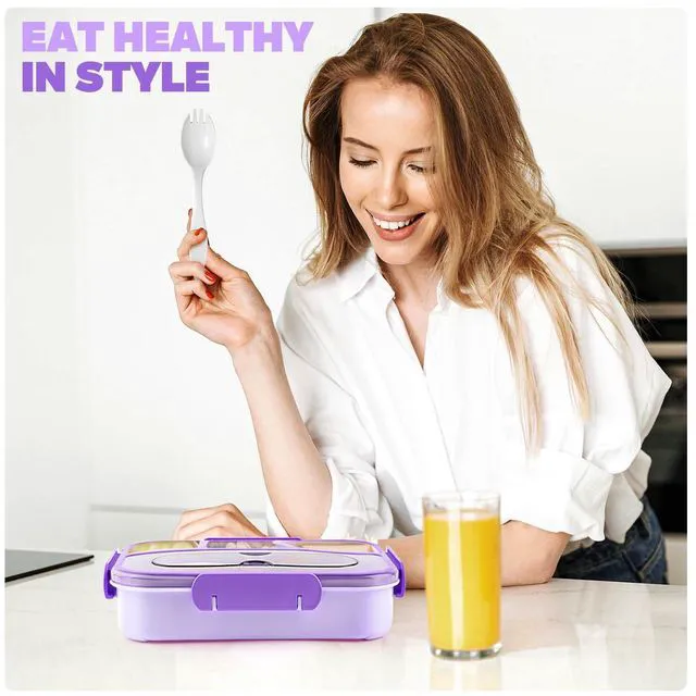 Alt view image 7 of 7 - Bento Box Adult, Lunch Box, 4-Compartment Lunch Containers, Drop-Proof, Dishwasher Safe & Made with BPA-Free Materials (Purple)