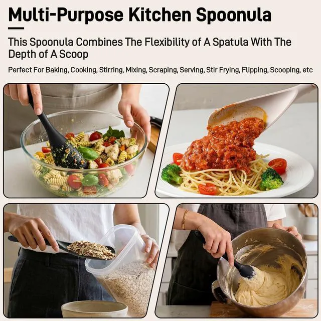 Alt view image 5 of 7 - 3 PACK Silicone Cooking Spoon Spatula for Nonstick Cookware, Heatresistant | BPA-Free, OnePiece Molding, S Hooks - Multifunction Spoonula for Baking, Cooking, Serving, Mixing, Stirring