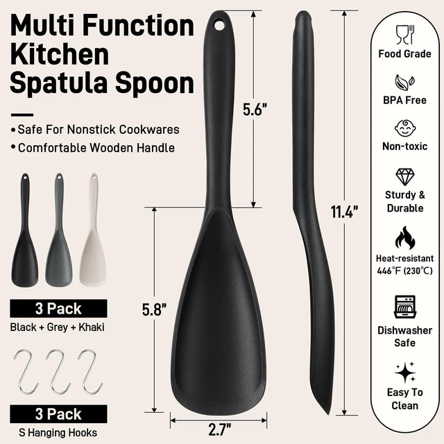 Alt view image 7 of 7 - 3 PACK Silicone Cooking Spoon Spatula for Nonstick Cookware, Heatresistant | BPA-Free, OnePiece Molding, S Hooks - Multifunction Spoonula for Baking, Cooking, Serving, Mixing, Stirring