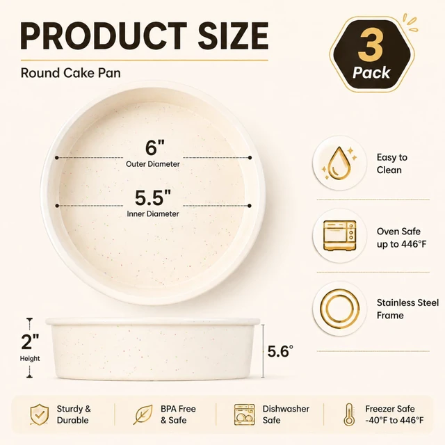 Alt view image 4 of 7 - 6 Inch Round Cake Pan Set, 3 Pack Silicone Mold with Metal Frame | Great for Multiple Cake Creations, Cheesecake, Desserts and Everyday Baking with Easy Cleanup