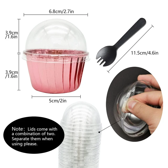 Alt view image 2 of 7 - Cupcake Liners with Dome Lids 100 Pack, Mini Muffin Baking Cups | 3.5oz, Rose Gold, Foil Paper Disposable Dot Cake Holders, Single Cupake Containers, Safe for Oven, Air Fryer, Fridge