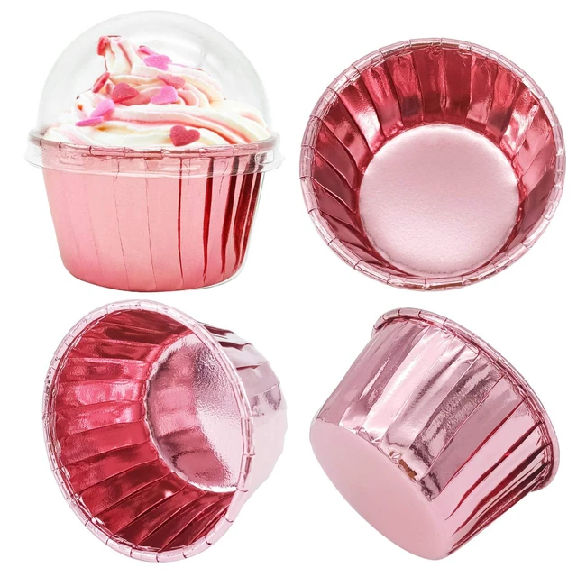 Alt view image 4 of 7 - Cupcake Liners with Dome Lids 100 Pack, Mini Muffin Baking Cups | 3.5oz, Rose Gold, Foil Paper Disposable Dot Cake Holders, Single Cupake Containers, Safe for Oven, Air Fryer, Fridge