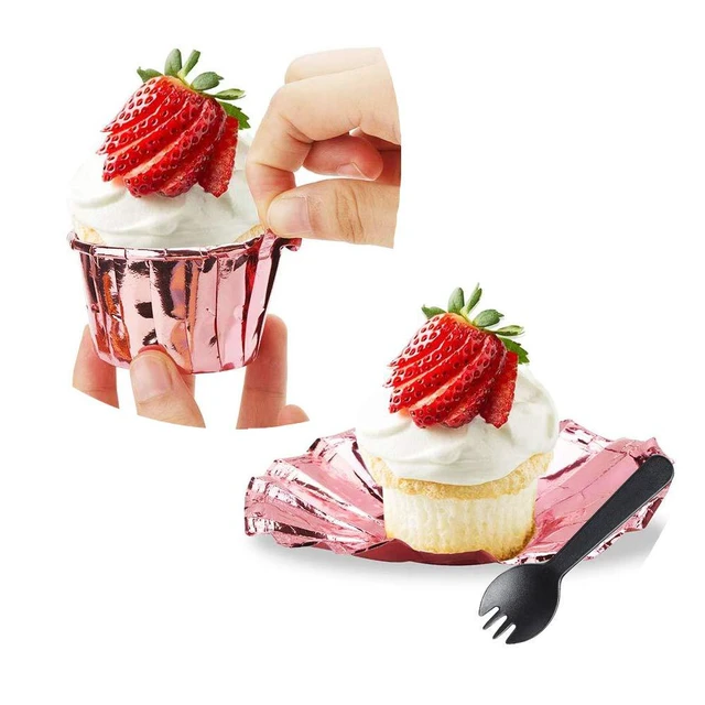 Alt view image 5 of 7 - Cupcake Liners with Dome Lids 100 Pack, Mini Muffin Baking Cups | 3.5oz, Rose Gold, Foil Paper Disposable Dot Cake Holders, Single Cupake Containers, Safe for Oven, Air Fryer, Fridge