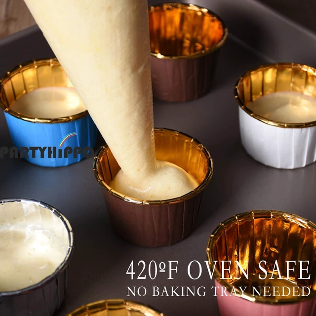 Alt view image 3 of 6 - Party Hippo Cupcake Cups, 3.5 Oz 50 pcs Disposable Foil Muffin Liners, Gold Baking Cups, Ramekin Aluminum Cupcake Tip Pan Ramekin Holders, Little Baking Cups (50, Gold)