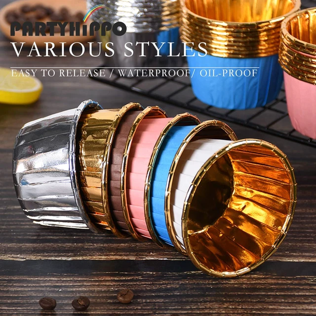 Alt view image 4 of 6 - Party Hippo Cupcake Cups, 3.5 Oz 50 pcs Disposable Foil Muffin Liners, Gold Baking Cups, Ramekin Aluminum Cupcake Tip Pan Ramekin Holders, Little Baking Cups (50, Gold)