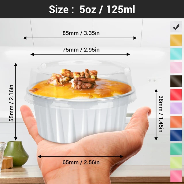 Alt view image 2 of 7 - Dessert Cups with Lids, 25pcs 5oz Disposable Ramekins Baking Cups, Cupcake Liners Aluminum Foil Mini Cheesecake Creme Brulee Ramekins Containers for Wedding Party Catering Gathering-White