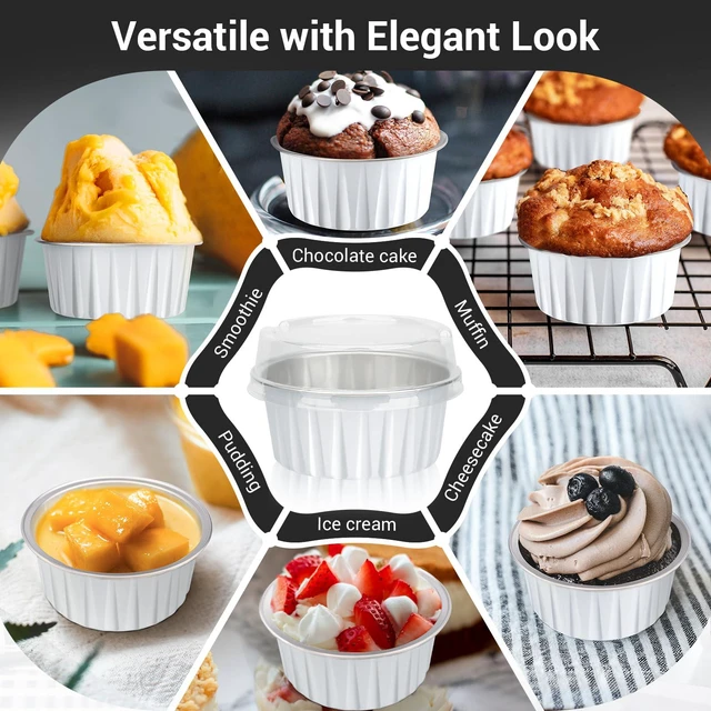 Alt view image 7 of 7 - Dessert Cups with Lids, 25pcs 5oz Disposable Ramekins Baking Cups, Cupcake Liners Aluminum Foil Mini Cheesecake Creme Brulee Ramekins Containers for Wedding Party Catering Gathering-White