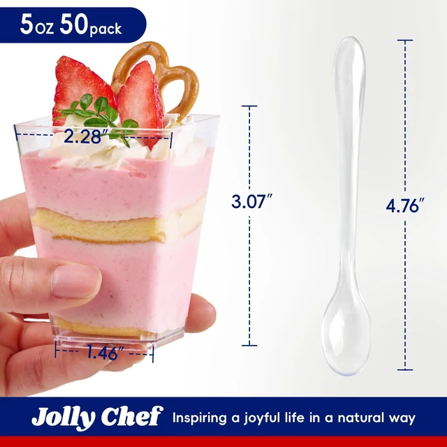 Alt view image 2 of 7 - 50 Pack 5 oz Plastic Dessert Cups with Lids and Spoons, Yogurt Parfait Appetizer Cup for Party, Clear Mini Dessert Shooter for Pudding Fruit Trifle Ice Cream