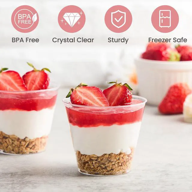 Alt view image 3 of 7 - 50 Pack 5 oz Plastic Dessert Cups with Spoons, Mini Mousse Cup Round Pudding Cups Party Serving Bowl for Cocktails Appetizers Fruit Parfait and Trifle
