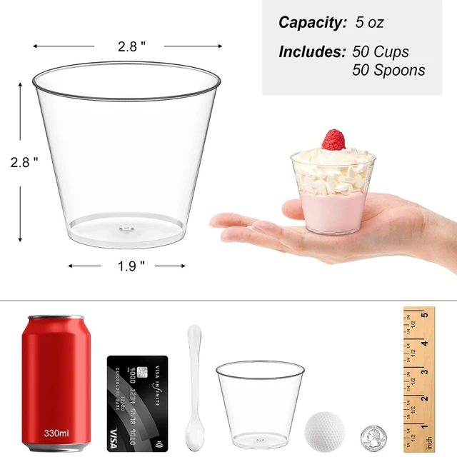 Alt view image 2 of 7 - 50 Pack 5 oz Plastic Dessert Cups with Spoons, Mini Mousse Cup Round Pudding Cups Party Serving Bowl for Cocktails Appetizers Fruit Parfait and Trifle