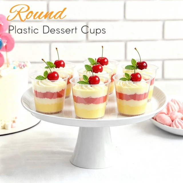 Alt view image 6 of 7 - 50 Pack 5 oz Plastic Dessert Cups with Spoons, Mini Mousse Cup Round Pudding Cups Party Serving Bowl for Cocktails Appetizers Fruit Parfait and Trifle