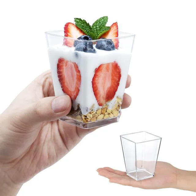 Alt view image 3 of 7 - 5 oz Plastic Dessert Cups 50 Pack Small Clear Square Parfait Cups with Spoons, Mini Plastic Tumbler Serving Cups for Tasting Party Appetizers Mousse Yogurt