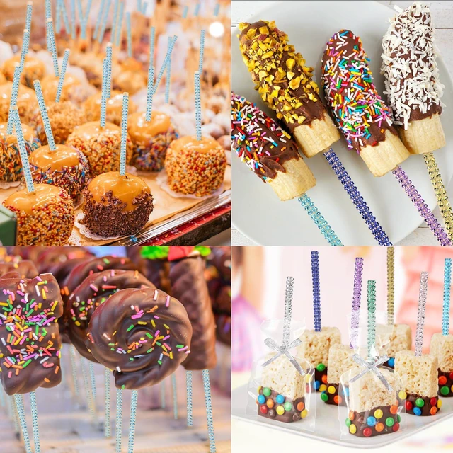 Alt view image 6 of 7 - 24-Pack Bling Candy Apple Sticks and Bags, Clear Caramel Apple Kit, Blue | Candy Apple Wrapping Kit, Glass Wrapper, Rhinestone Bamboo Sticks, Glitter Ribbons, for Halloween, Chrispies Treat Supplies
